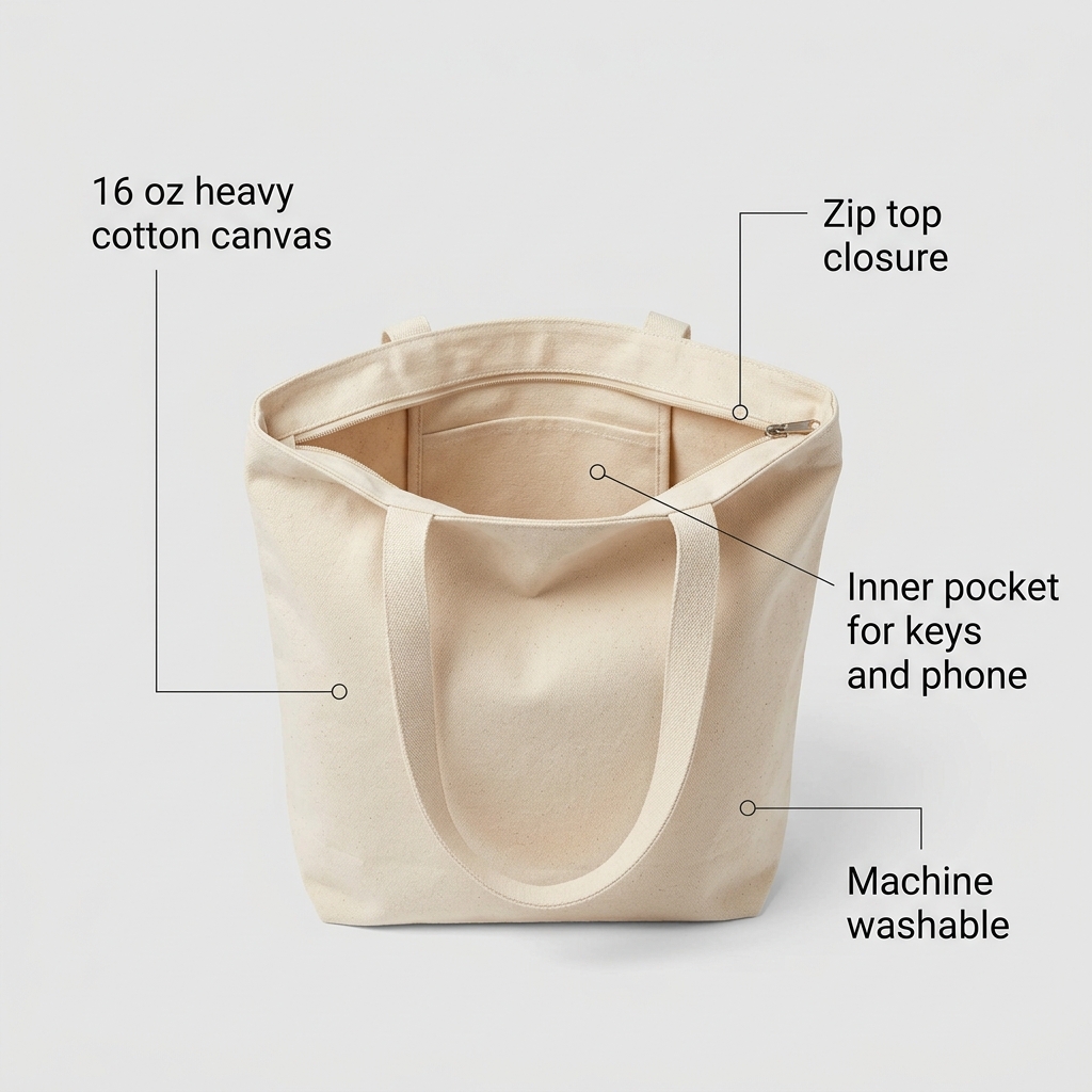 Example TikTok Shop image for the zip-top canvas tote